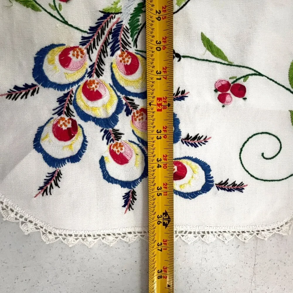 Cottagecore Embroidered Peacock Dresser Scarf Table Runner Vintage 50s Heirloom